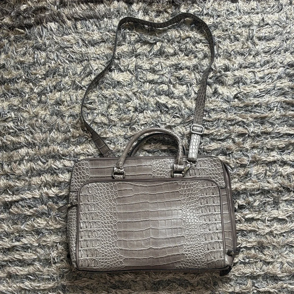 Bueno Croc-Embossed Structured Satchel in Taupe, Silver Hardware, Laptop, Unisex